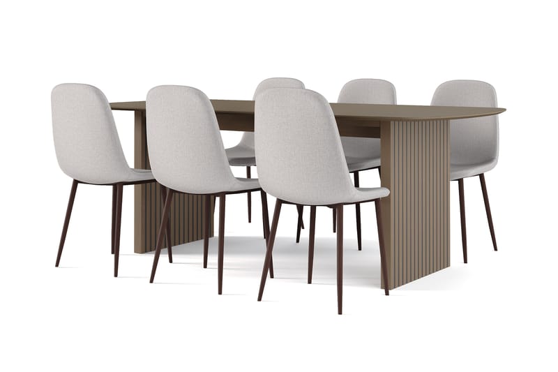 Richeto Ruokapöytä Savutammi 210 cm pähkinä + 6 kpl Naira tuoli harmaa pähkinäjaloilla, Ruskea/Harmaa