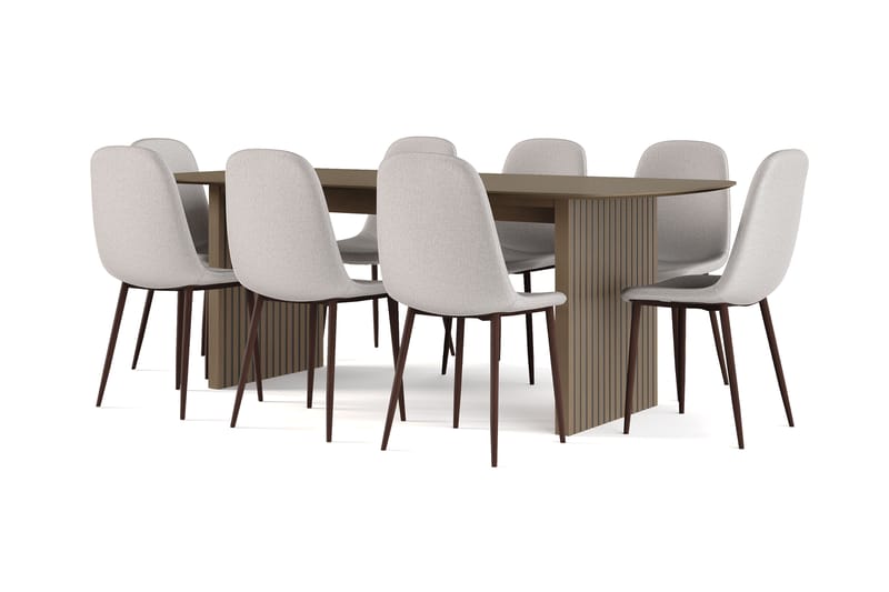 Richeto Ruokapöytä Savutammi 210 cm pähkinä + 8 kpl Naira tuoli harmaa pähkinäjaloilla, Ruskea/Harmaa