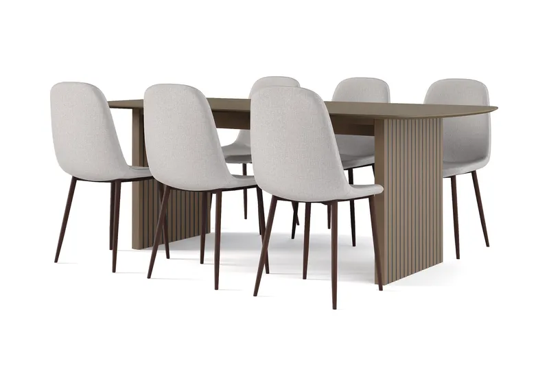 Richeto Ruokapöytä Savutammi 210 cm pähkinä + 6 kpl Naira tuoli harmaa pähkinäjaloilla, Ruskea/Harmaa