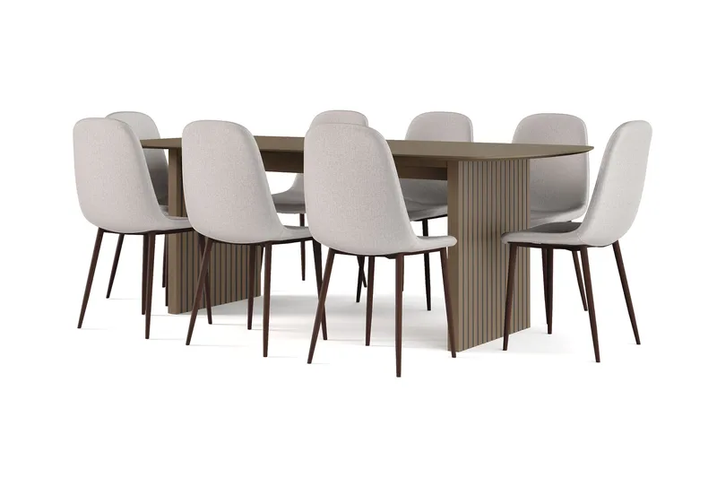 Richeto Ruokapöytä Savutammi 210 cm pähkinä + 8 kpl Naira tuoli harmaa pähkinäjaloilla, Ruskea/Harmaa