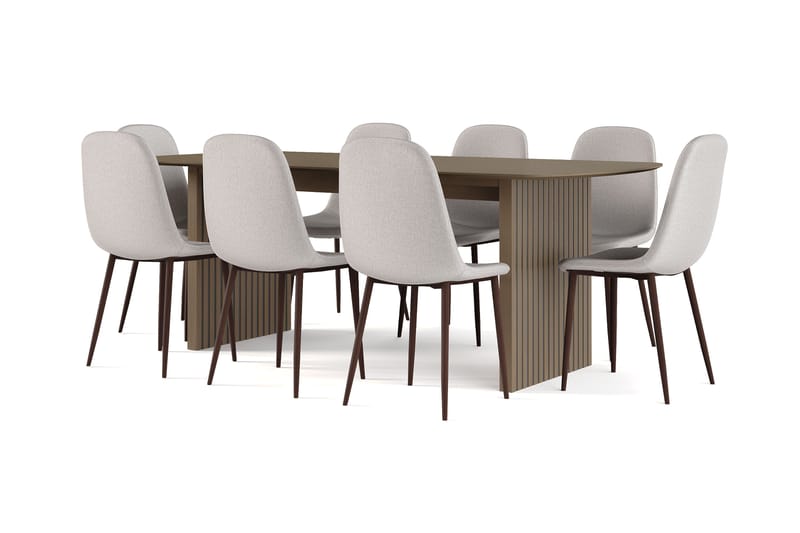 Richeto Ruokapöytä Savutammi 210 cm pähkinä + 8 kpl Naira tuoli harmaa pähkinäjaloilla, Ruskea/Harmaa