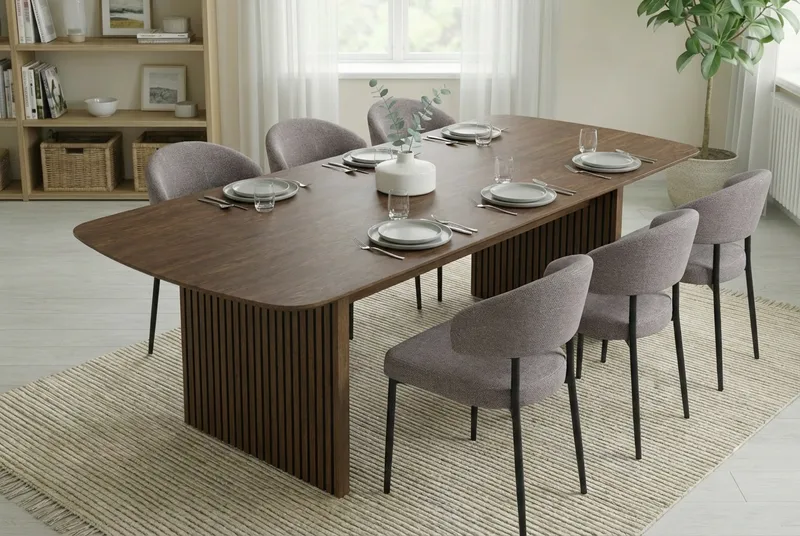 Richeto Ruokapöytä Savutammi 240 cm ja 6 Sawako Greige Tuolia - Savutammi/Greige - Huonekalut - Pöytä & ruokailuryhmä - Ruokailuryhmä