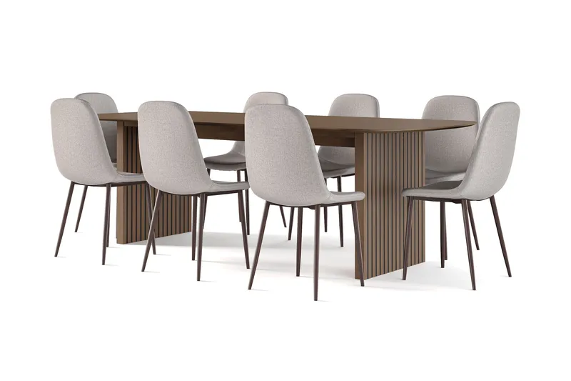 Richeto Ruokapöytä Savutammi 240 cm pähkinä + 8 kpl Naira tuoli harmaa pähkinäjaloilla - Ruskea/Harmaa - Huonekalut - Pöytä & ruokailuryhmä - Ruokailuryhmä