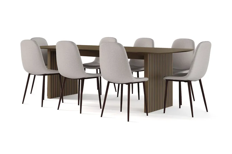 Richeto Ruokapöytä Savutammi 240 cm pähkinä + 8 kpl Naira tuoli harmaa pähkinäjaloilla, Ruskea/Harmaa