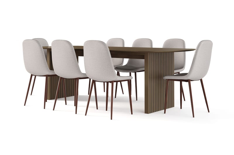 Richeto Ruokapöytä Savutammi 240 cm pähkinä + 8 kpl Naira tuoli beige pähkinäjaloilla, Ruskea/Beige