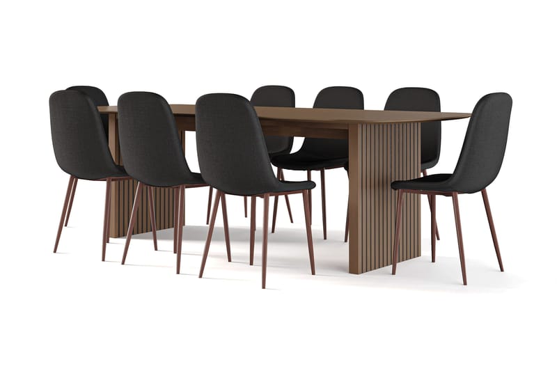 Richeto Ruokapöytä Savutammi 240 cm pähkinä + 8 kpl Naira tuoli musta pähkinäjaloilla - Ruskea/Musta - Huonekalut - Pöytä & ruokailuryhmä - Ruokailuryhmä
