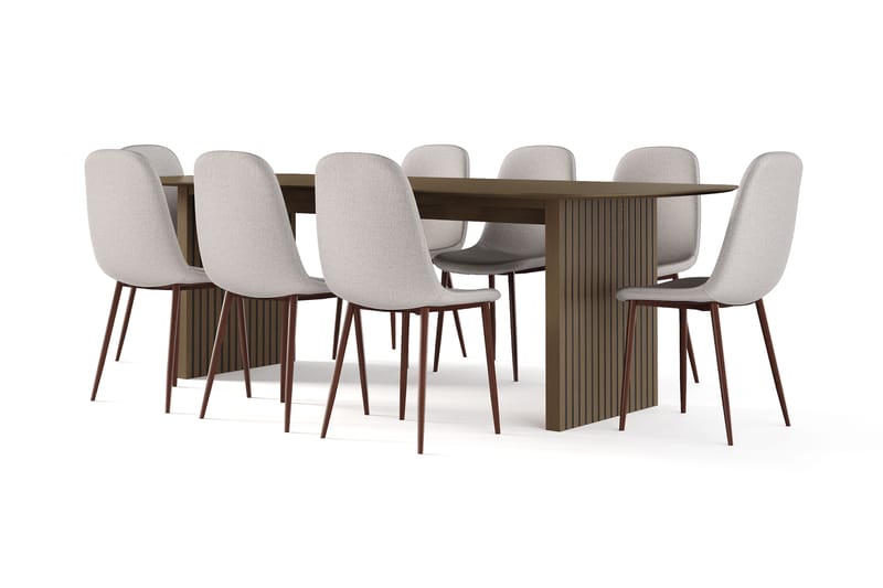 Richeto Ruokapöytä Savutammi 240 cm pähkinä + 8 kpl Naira tuoli beige pähkinäjaloilla, Ruskea/Beige