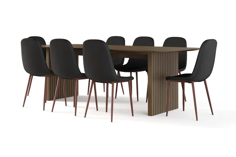 Richeto Ruokapöytä Savutammi 240 cm pähkinä + 8 kpl Naira tuoli musta pähkinäjaloilla, Ruskea/Musta