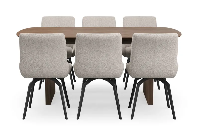 Richeto Ruokaryhmä 180 cm, 6 Mora Pyörivää tuolia - Savutammi/Tummabeige - Huonekalut - Pöytä & ruokailuryhmä - Ruokailuryhmä