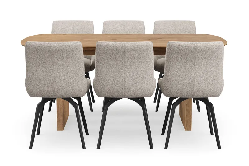 Richeto Ruokaryhmä 180 cm, 6 Mora Pyörivää tuolia - Luonnollinen viimeistely/Tummabeige - Huonekalut - Pöytä & ruokailuryhmä - Ruokailuryhmä