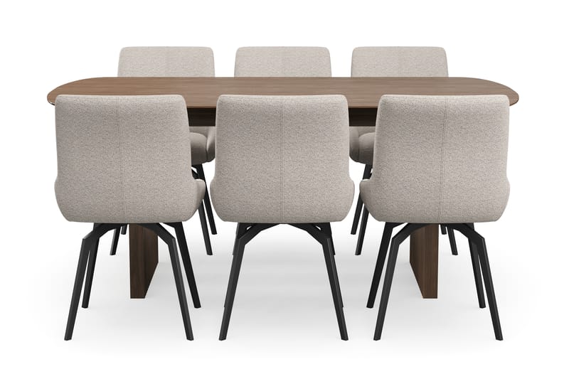 Richeto Ruokaryhmä 180 cm, 6 Mora Pyörivää tuolia - Savutammi/Tummabeige - Huonekalut - Pöytä & ruokailuryhmä - Ruokailuryhmä