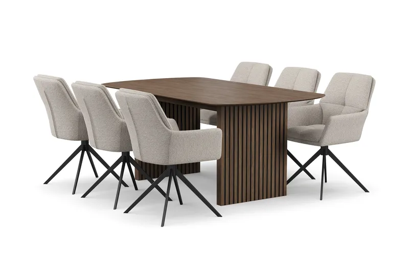 Richeto Ruokaryhmä 180 cm, 6 Torsby Pyörivää tuolia, Savutammi/Tummabeige