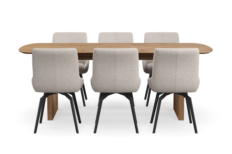 Richeto Ruokaryhmä 210 cm, 6 Mora Pyörivää tuolia - Luonnollinen viimeistely/Tummabeige - Huonekalut - Pöytä & ruokailuryhmä - Ruokailuryhmä