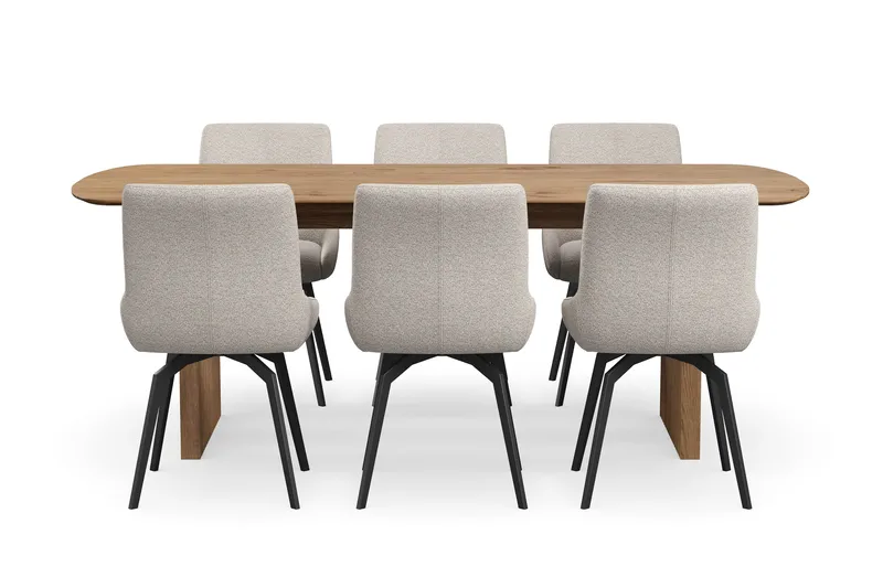 Richeto Ruokaryhmä 210 cm, 6 Mora Pyörivää tuolia - Luonnollinen viimeistely/Tummabeige - Huonekalut - Pöytä & ruokailuryhmä - Ruokailuryhmä