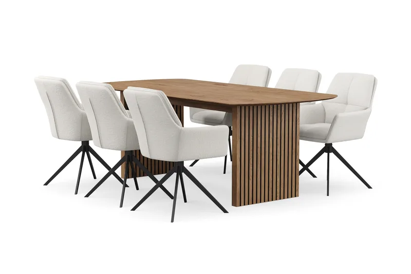 Richeto Ruokaryhmä 210 cm, 6 Torsby Pyörivää tuolia, Luonnollinen viimeistely/Vaaleabeige