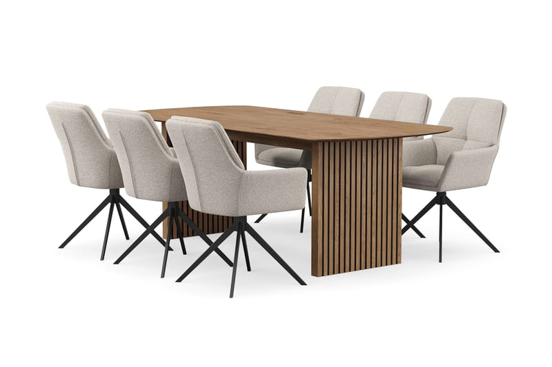 Richeto Ruokaryhmä 210 cm, 6 Torsby Pyörivää tuolia, Luonnollinen viimeistely/Tummabeige