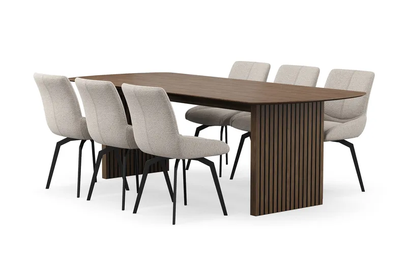 Richeto Ruokaryhmä 240 cm, 6 Mora Pyörivää tuolia, Savutammi/Tummabeige