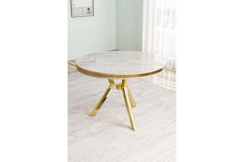 Rivor Ruokapöytä 90 cm Pyöreä - Valkoinen Marmori/Keltainend - Huonekalut - Pöytä & ruokailuryhmä - Ruokapöydät & keittiön pöydät