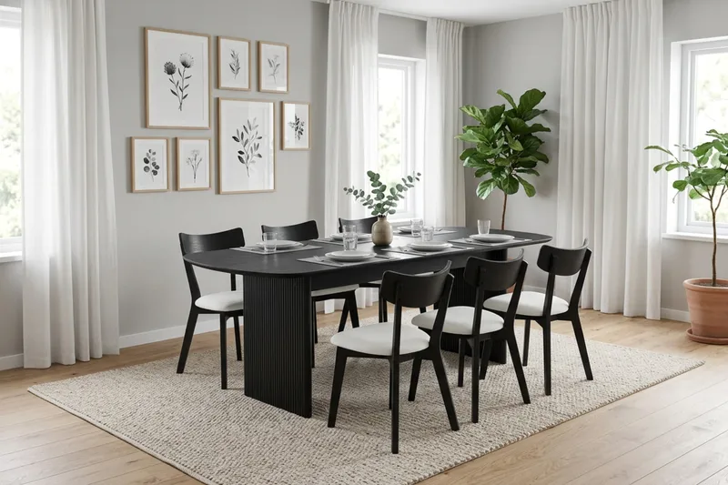 Alma-ruokailuryhmä 220 cm suorakaiteen muotoinen, musta, 6 Amelia-ruokatuolia istuintyynyllä - Musta / beige - Huonekalut - Pöytä & ruokailuryhmä - Ruokailuryhmä