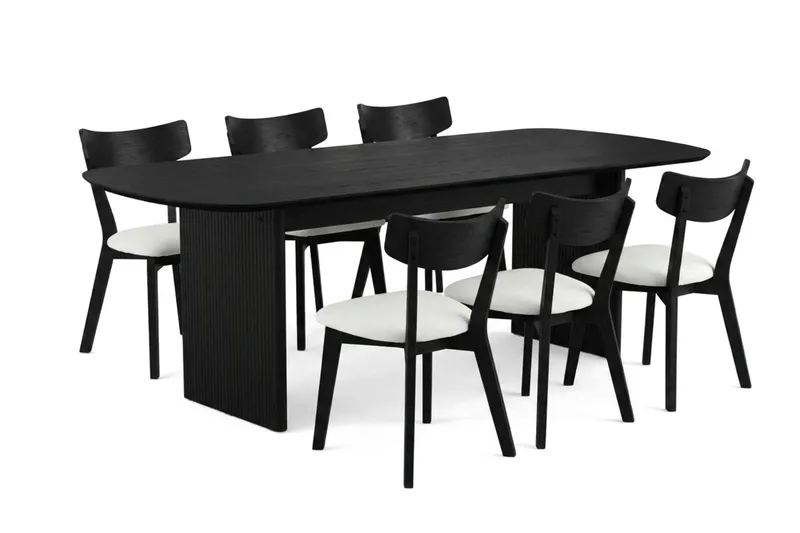 Alma-ruokailuryhmä 220 cm suorakaiteen muotoinen, musta, 6 Amelia-ruokatuolia istuintyynyllä, Musta / beige