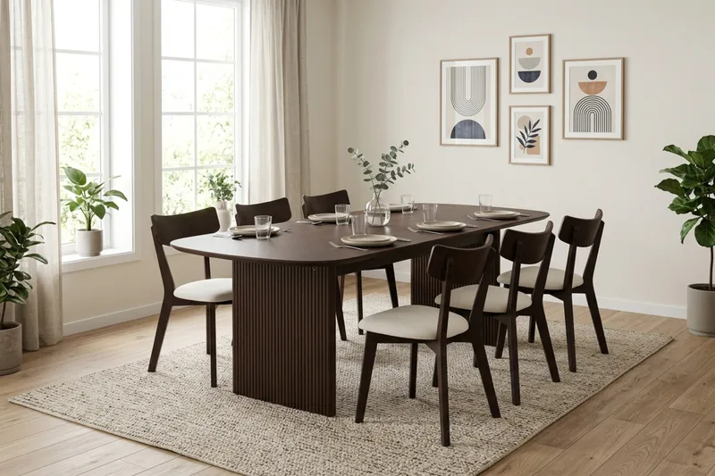 Alma-ruokailuryhmä 220 cm suorakaiteen muotoinen, savutammi, 6 Amelia-ruokatuolia istuintyynyllä - Savutammi/beige - Huonekalut - Pöytä & ruokailuryhmä - Ruokailuryhmä
