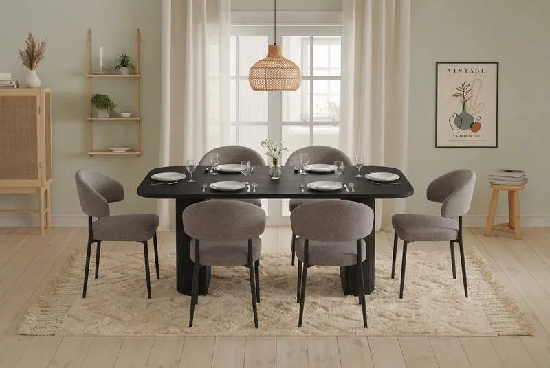 Ruokailuryhmä Bark Kopparbo-ruokapöytä 200 cm, 6 Sawako Greige -tuolia Musta|greige - Huonekalut - Pöytä & ruokailuryhmä - Ruokailuryhmä