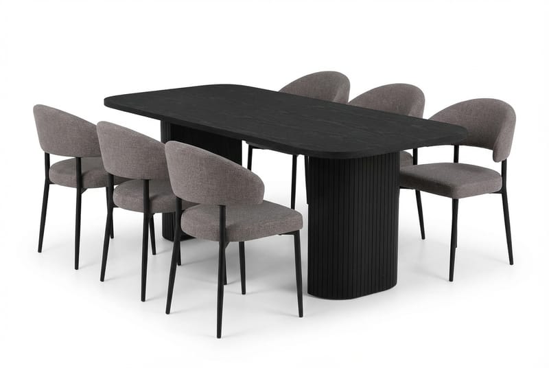 Ruokailuryhmä Bark Kopparbo-ruokapöytä 200 cm, 6 Sawako Greige -tuolia Musta|greige, undefined