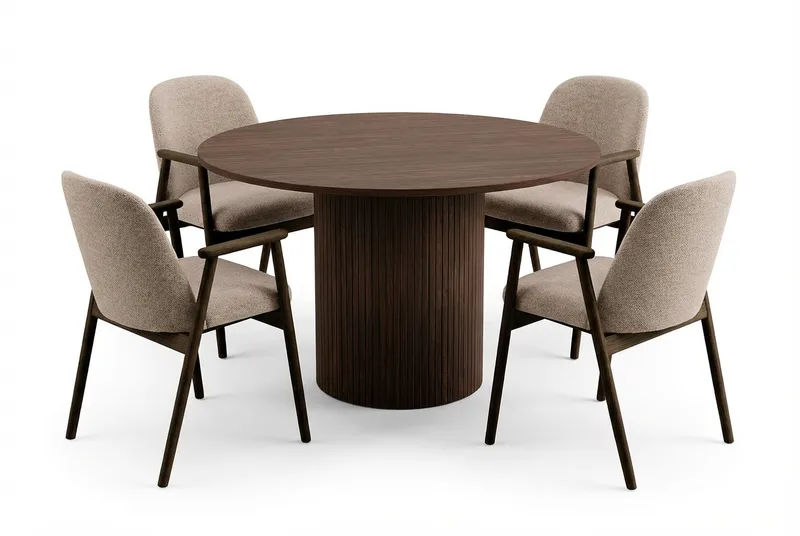 Ruokailuryhmä Bark Kopparbo pyöreä ruokapöytä 120 cm tummanruskea, 4 Reciclar-ruokatuolia Pähkinä|greige, undefined