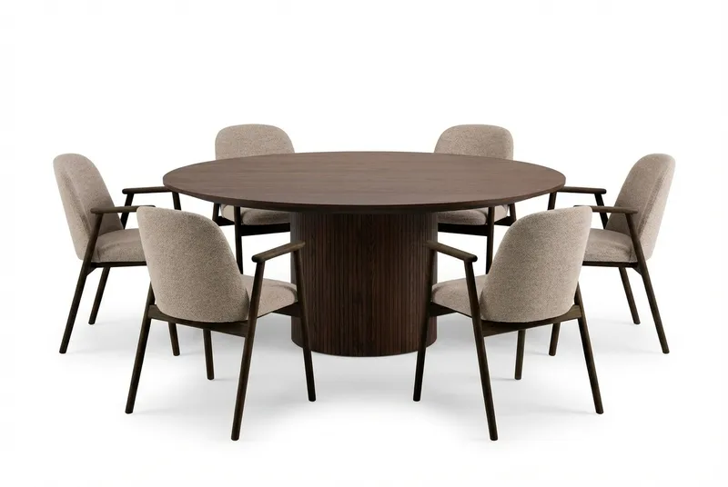 Ruokailuryhmä Bark Kopparbo pyöreä ruokapöytä 180 cm tummanruskea, 6 Reciclar-ruokatuolia Pähkinä|greige, undefined