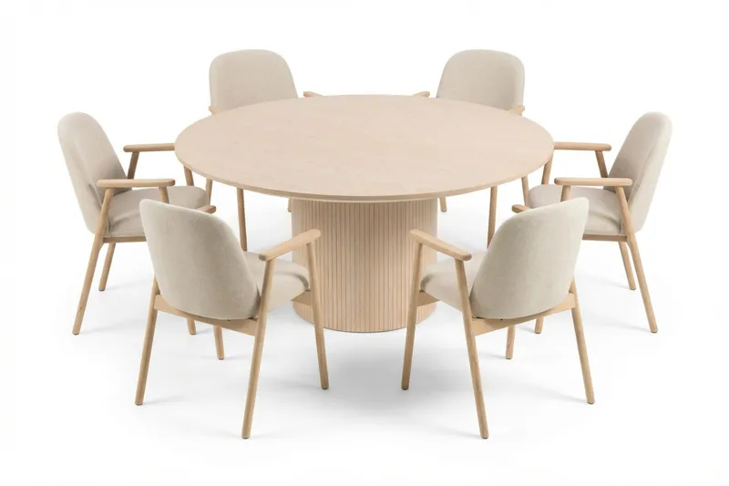 Ruokailuryhmä Bark Kopparbo pyöreä ruokapöytä 180 cm valkopetsattu, 6 Reciclar-ruokatuolia Vaalea tammi|beige, undefined