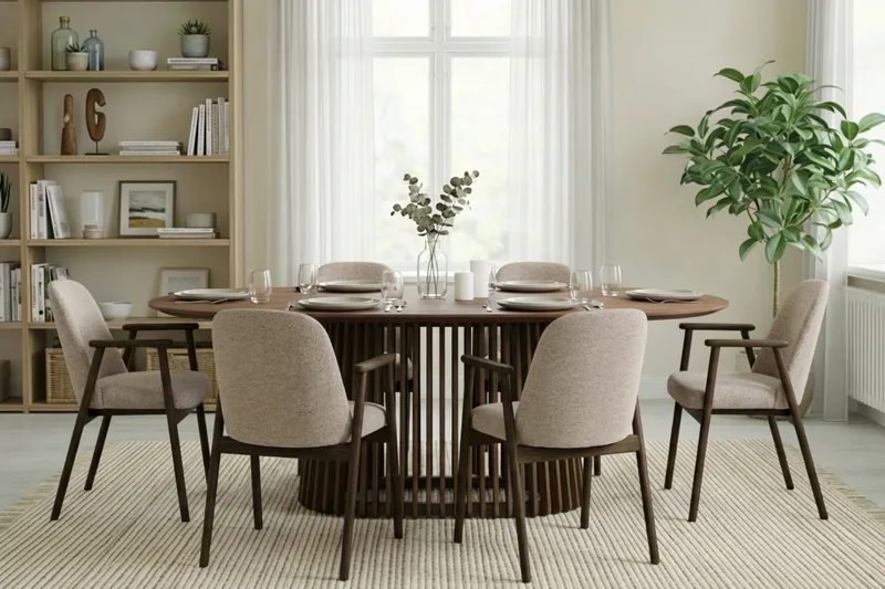 Ruokailuryhmä Bark Peyra ovaali ruokapöytä 200 cm tummanruskea, 6 Reciclar-ruokatuolia Pähkinä|greige - Huonekalut - Pöytä & ruokailuryhmä - Ruokailuryhmä