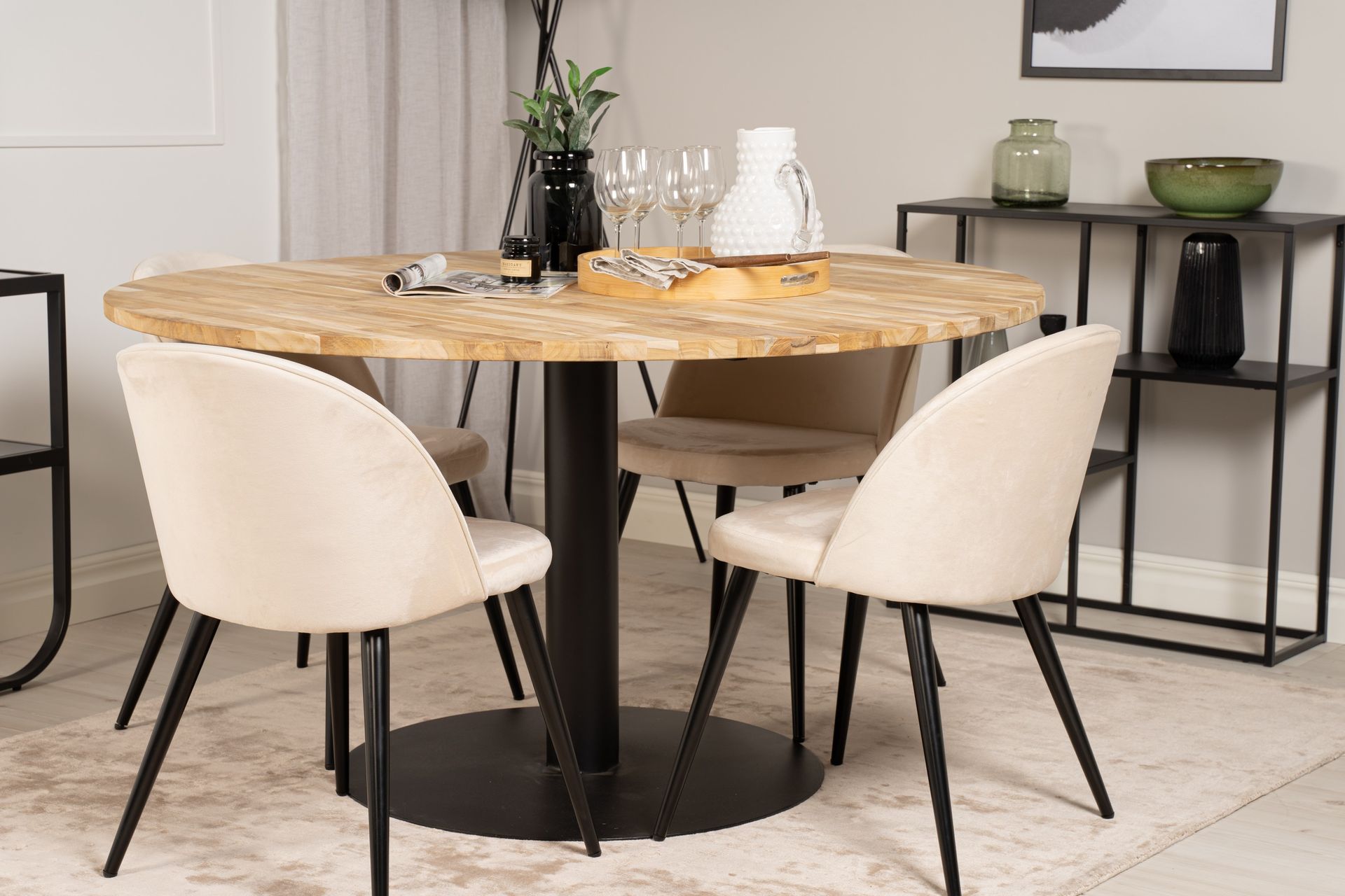 Ruokailuryhmä Cirebon 140 cm Pyöreä 4 Velvet Tuolia - Beige - Huonekalut - Pöytä & ruokailuryhmä - Ruokailuryhmä