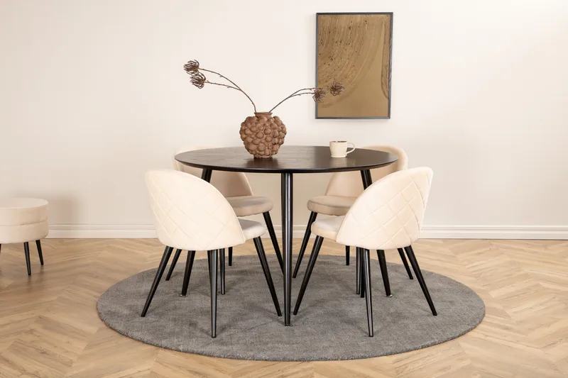 Ruokailuryhmä Dipp 115 cm Pyöreä 4 Velvet Tuolia, Beige