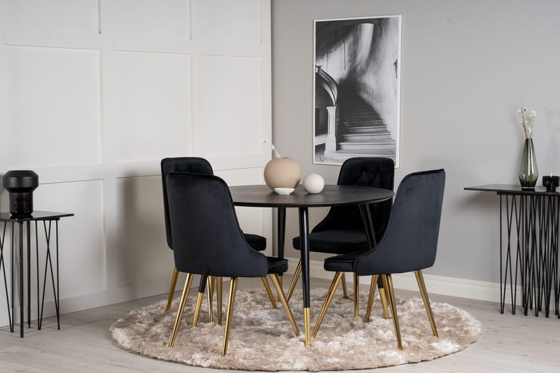 Ruokailuryhmä Dipp 115 cm Pyöreä 4 Velvet Deluxe Tuolia - Musta/Kulta - Huonekalut - Pöytä & ruokailuryhmä - Ruokailuryhmä