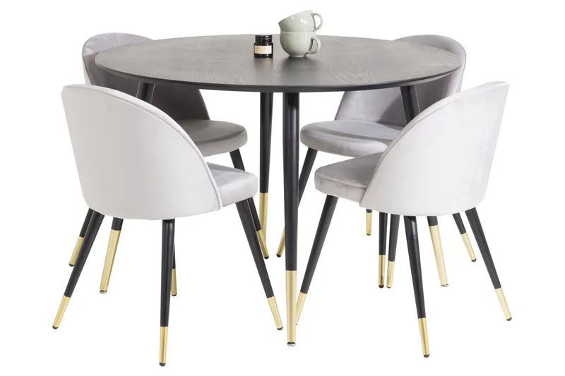 Ruokailuryhmä Dipp 115 cm Pyöreä 4 Velvet Tuolia, Musta/Kulta