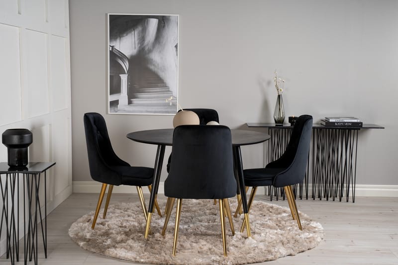 Ruokailuryhmä Dipp 115 cm Pyöreä 4 Velvet Deluxe Tuolia - Musta/Kulta - Huonekalut - Pöytä & ruokailuryhmä - Ruokailuryhmä