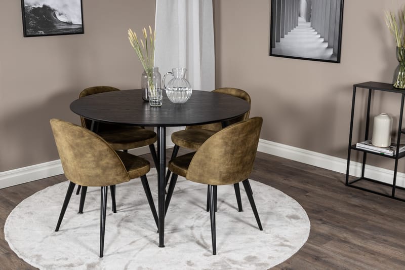 Ruokailuryhmä Dipp 115 cm Pyöreä 4 Velvet Tuolia - Musta - Huonekalut - Pöytä & ruokailuryhmä - Ruokailuryhmä