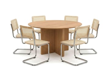 Edda-ruokailuryhmä pyöreä 130 cm, tammi, 6 Build-ruokatuolia - Tammi - Huonekalut - Pöytä & ruokailuryhmä - Ruokailuryhmä