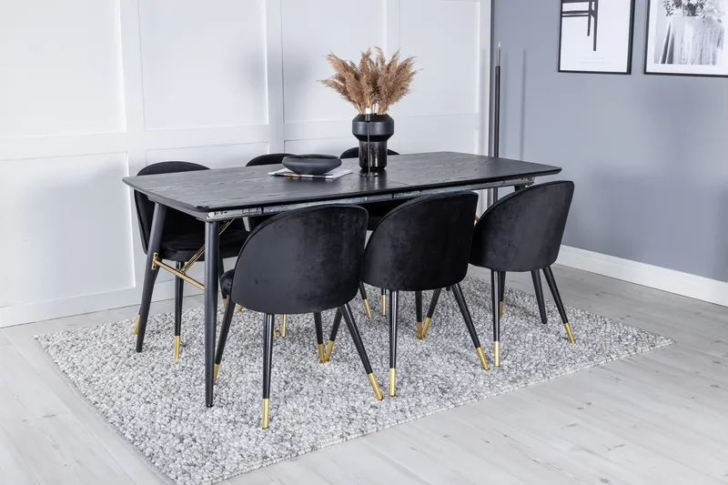 Ruokailuryhmä Gold Jatkettava 180-220 cm Suorakulmainen 6 Velvet Tuolia - Musta/Kulta - Huonekalut - Pöytä & ruokailuryhmä - Ruokailuryhmä