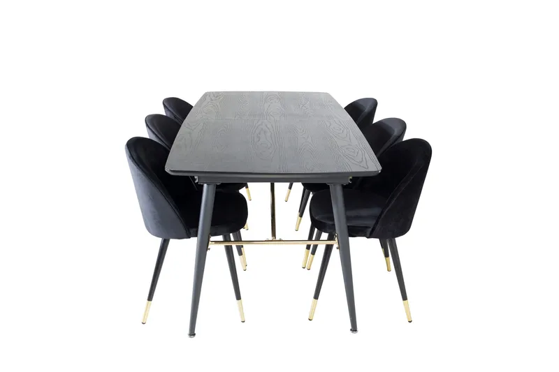 Ruokailuryhmä Gold Jatkettava 180-220 cm Suorakulmainen 6 Velvet Tuolia, Musta/Kulta