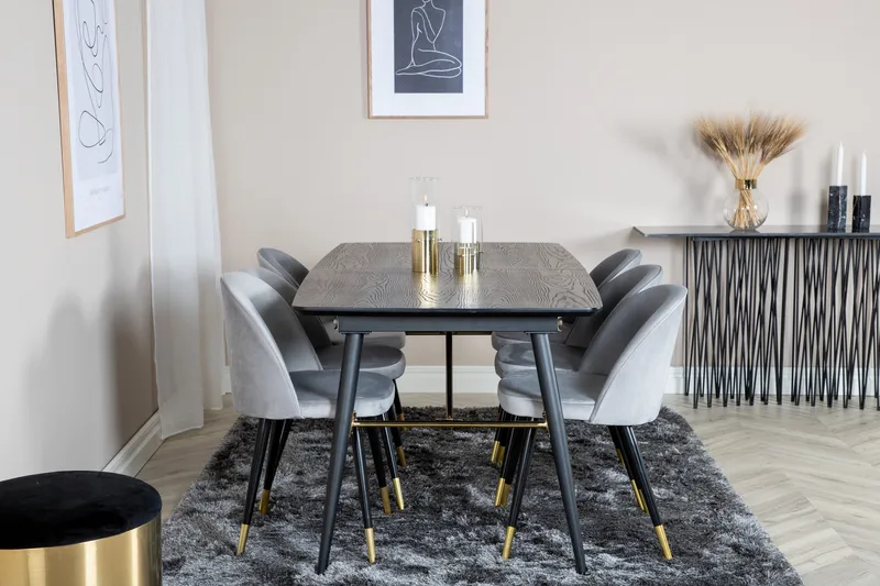 Ruokailuryhmä Gold Jatkettava 180-220 cm Suorakulmainen 6 Velvet Tuolia - Musta/Kulta - Huonekalut - Pöytä & ruokailuryhmä - Ruokailuryhmä