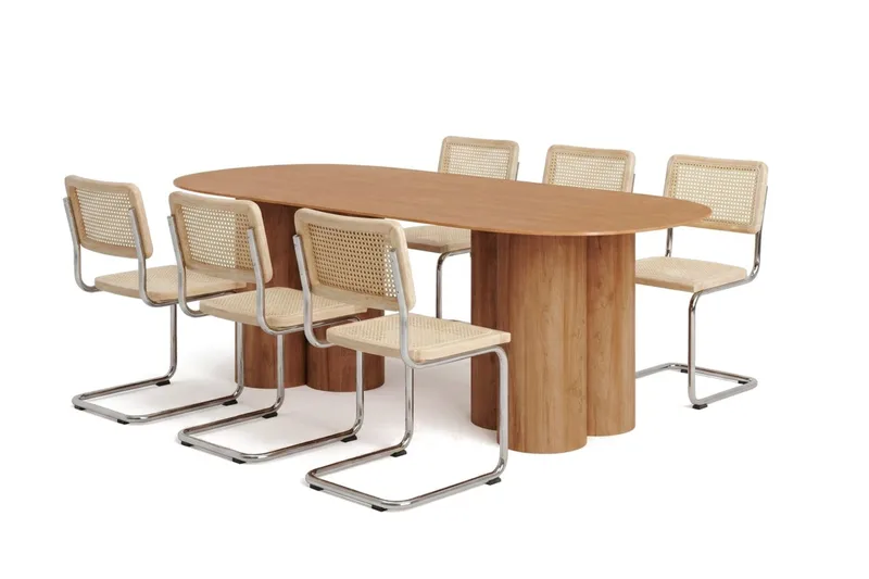 Juno-ruokailuryhmä suorakulmainen 220 cm, tammi, 6 Build-ruokatuolia, Tammi
