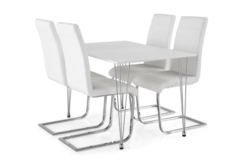 Ruokailuryhmä Kranstull 120 cm 4 Jack tuolia, Valkoinen/Kromi/Valkoinen PU