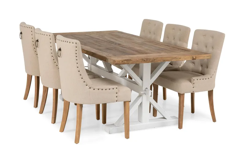 Lyon Förlängningsbar Matgrupp 200 cm med 6 Viktoria Stol Bloomington Natur/Vit/Beige Beige/White - Huonekalut - Pöytä & ruokailuryhmä - Ruokailuryhmä