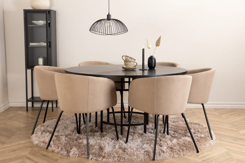 Ruokailuryhmä Möbelfashion Copenhagen-ruokailuryhmä 140 cm, pyöreä, 6 Berit-tuolilla Beige/Musta - Huonekalut - Pöytä & ruokailuryhmä - Ruokailuryhmä