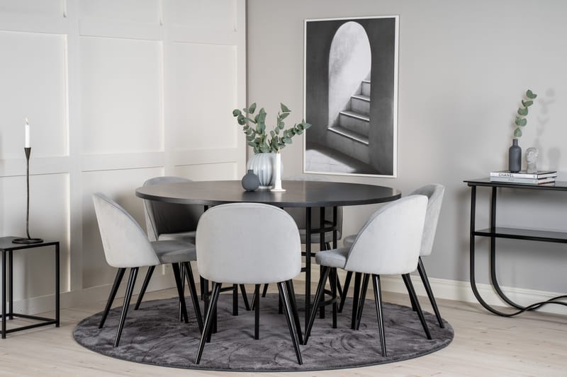 Ruokailuryhmä Möbelfashion Copenhagen-ruokailuryhmä 140 cm, pyöreä, 6 Velvet-tuolilla Musta/Vaaleanharmaa - Huonekalut - Pöytä & ruokailuryhmä - Ruokailuryhmä