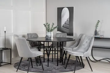Ruokailuryhmä Möbelfashion Copenhagen-ruokailuryhmä 140 cm, pyöreä, 6 Velvet Deluxe -tuolilla Musta/Vaaleanharmaa - Huonekalut - Pöytä & ruokailuryhmä - Ruokailuryhmä
