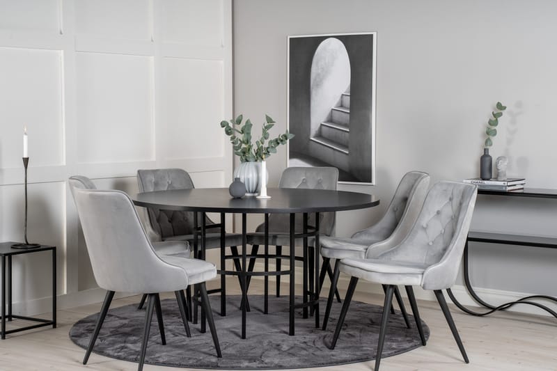 Ruokailuryhmä Möbelfashion Copenhagen-ruokailuryhmä 140 cm, pyöreä, 6 Velvet Deluxe -tuolilla Musta/Vaaleanharmaa - Huonekalut - Pöytä & ruokailuryhmä - Ruokailuryhmä