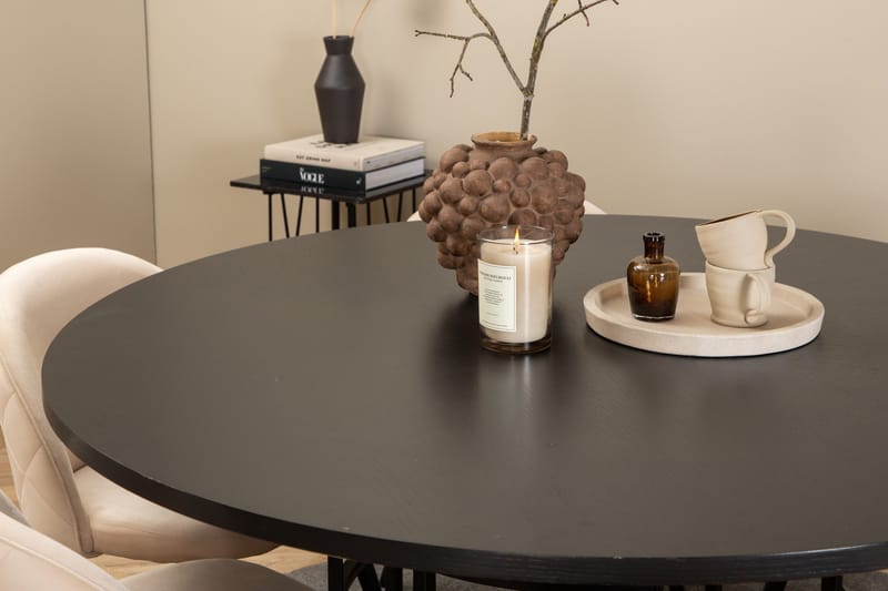 Ruokailuryhmä Möbelfashion Copenhagen-ruokailuryhmä 140 cm, pyöreä, 6 Velvet-tuolilla Beige/musta2 - Huonekalut - Pöytä & ruokailuryhmä - Ruokailuryhmä