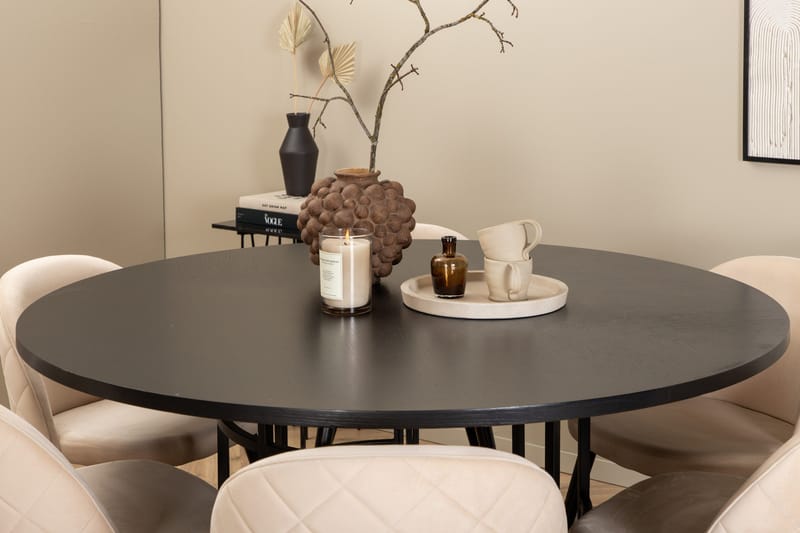 Ruokailuryhmä Möbelfashion Copenhagen-ruokailuryhmä 140 cm, pyöreä, 6 Velvet-tuolilla Beige/musta2 - Huonekalut - Pöytä & ruokailuryhmä - Ruokailuryhmä
